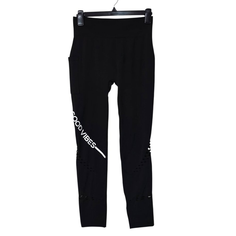 OPPA! Women's Black Stretchy Tapered "Good Vibes" Booty Lift Leggings Size L/XL